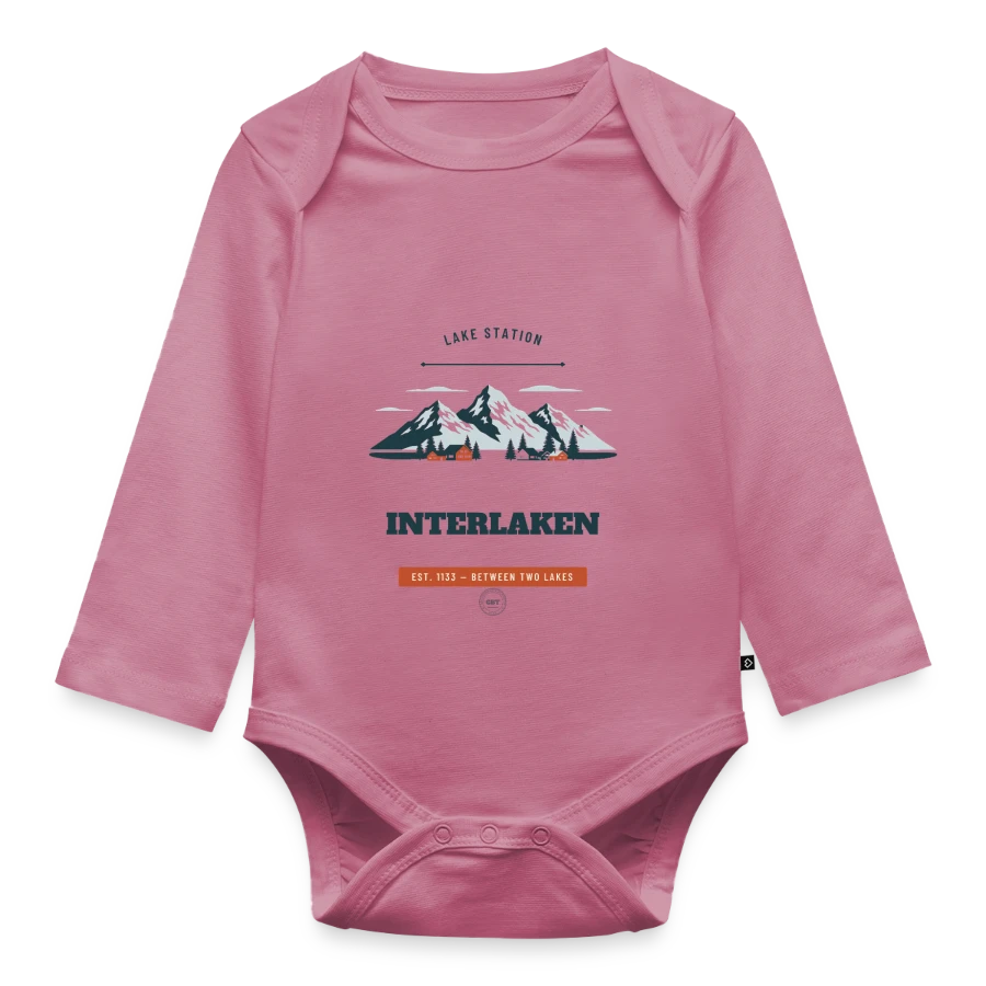 Interlaken badge on a organic longsleeve baby bodysuit, mauve