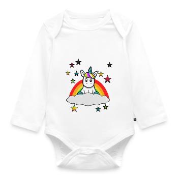 cute unicorn on a cloud with rainbow - Organic Longsleeve Baby Bodysuit - white - Front