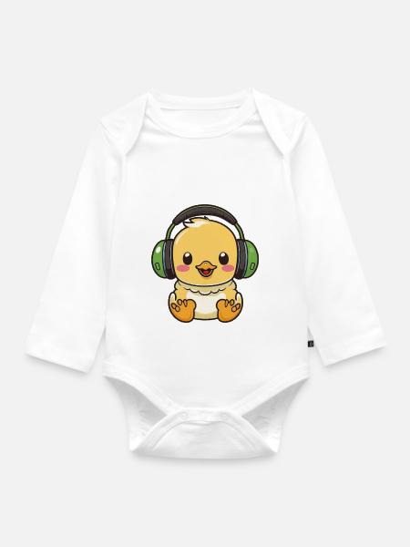 Kawaii Süße glückliche bunte Ente mit Kopfhörern - Baby Bio-Langarm-Body - Weiß