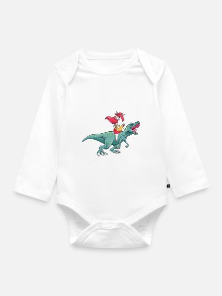 Einhorn reitet T-Rex - Baby Bio-Langarm-Body - Weiß
