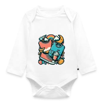 Bunte Collage mit Kleidung und Alltagsgegenständen - Baby Bio-Langarm-Body - Weiß - Vorne