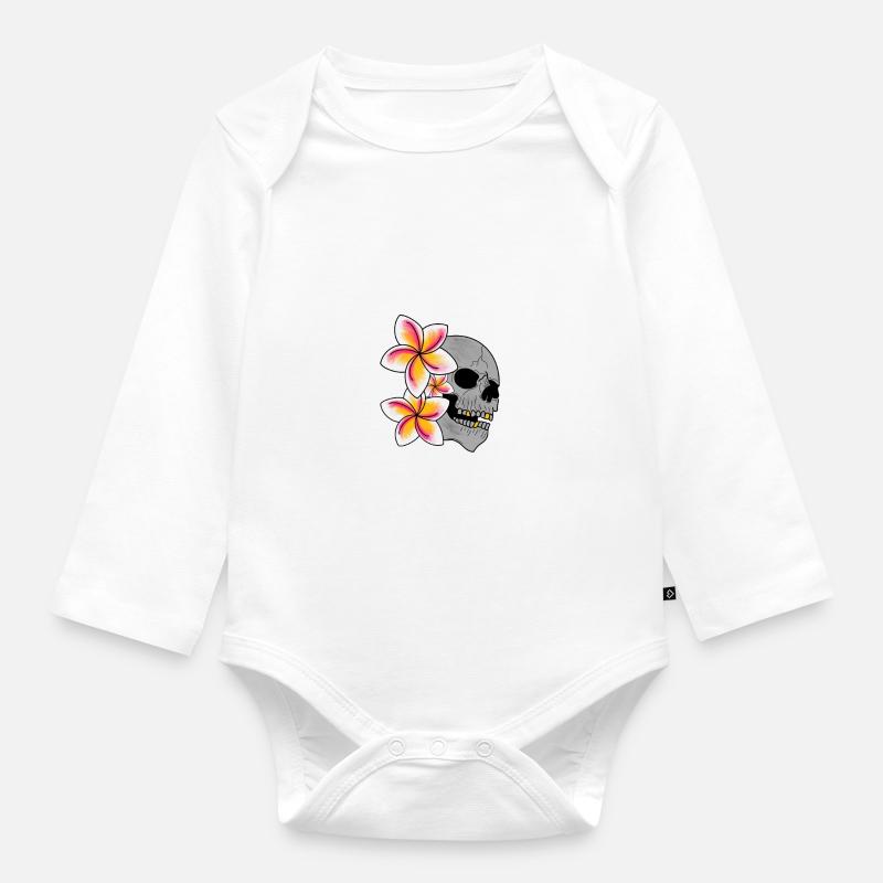 Tête de mort et fleurs de Tiaré - Body Bébé bio manches longues - blanc
