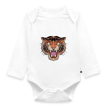 Traditioneller Tattoo Tigerkopf mit offenem - Baby Bio-Langarm-Body - Weiß - Vorne