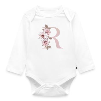 R Buchstabe mit Blumen 3D Effekt - Baby Bio-Langarm-Body - Weiß - Vorne