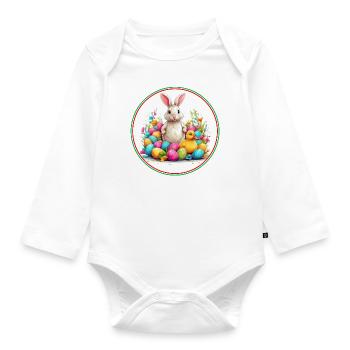 Osterhase im Osternest bunte Eier und Entenküken - Baby Bio-Langarm-Body - Weiß - Vorne