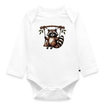 Raccoon on swing pensive playground - Organic Longsleeve Baby Bodysuit - white - Front