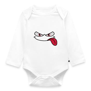 Evil-looking cartoon face tongue sticking out - Organic Longsleeve Baby Bodysuit - white - Front