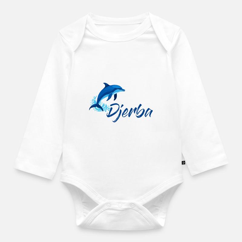 Vacances à Djerba avec le design des dauphins - Body Bébé bio manches longues - blanc