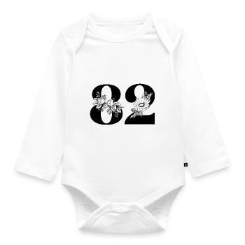 Nummer 82 Schwarze Blumen - 82. Blumengeburtstag - Baby Bio-Langarm-Body - Weiß - Vorne