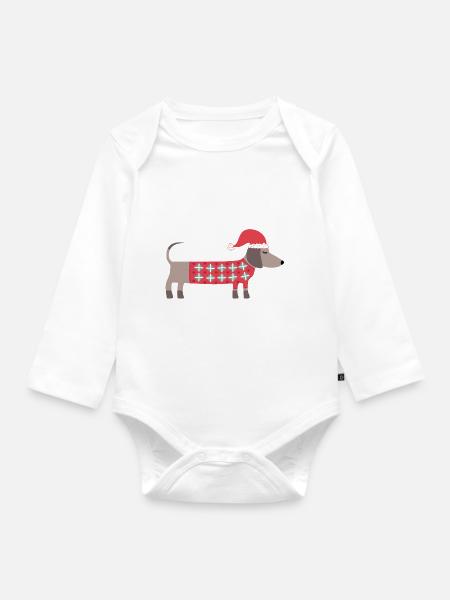 Weihnachtsdackel Hund mit Nikolausmütze und Pullover - Baby Bio-Langarm-Body - Weiß