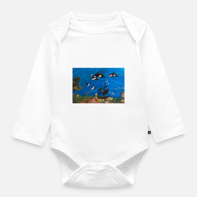 Orca, Ocean and Ships - Organic Longsleeve Baby Bodysuit - white