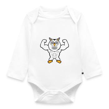Eule Bodybuilder Muskeln Bizeps Posen Gym Rat Cool - Baby Bio-Langarm-Body - Weiß - Vorne
