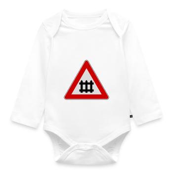 Warning train gate sign - Organic Longsleeve Baby Bodysuit - white - Front