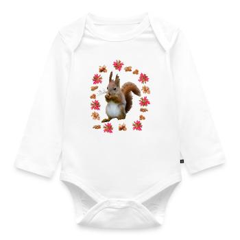 Squirrels with nuts, poinsettia, hazelnut - Organic Longsleeve Baby Bodysuit - white - Front