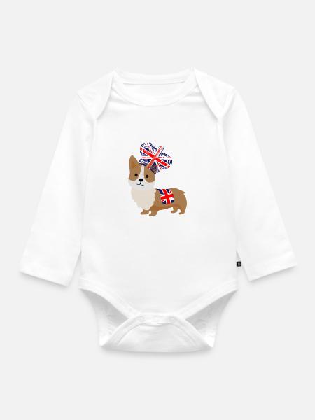 The Queens Platinum Jubilee Corgi Emoji - Organic Longsleeve Baby Bodysuit - white