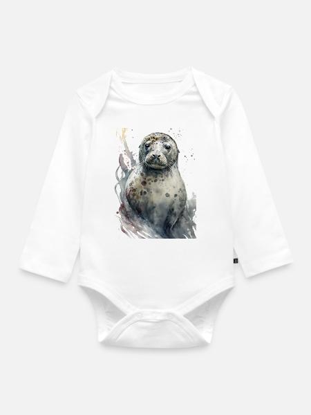 Robbe Süß Niedlich Realistisch Aquarell - Baby Bio-Langarm-Body - Weiß