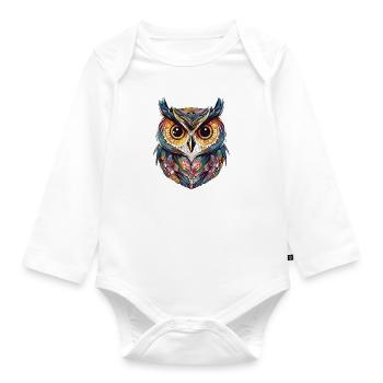 Eule floral Pastellfarben, bunt, Cartoon Style - Baby Bio-Langarm-Body - Weiß - Vorne