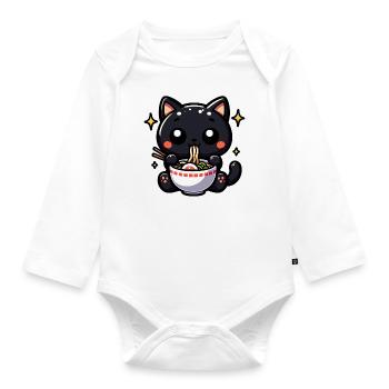 Black Cat Eats Ramen Noodle Soup Stars - Organic Longsleeve Baby Bodysuit - white - Front