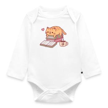 Chat roux mignon lisant un livre - Body Bébé bio manches longues - blanc - Devant