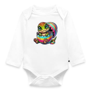 Cute dino hatching from colorful Easter egg - Organic Longsleeve Baby Bodysuit - white - Front