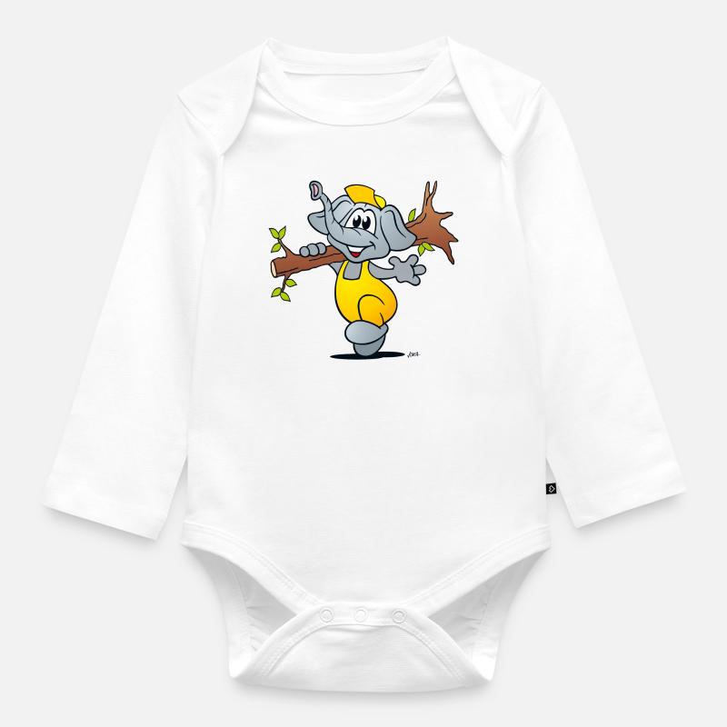 Comic elephant laughingly carries a tree - Organic Longsleeve Baby Bodysuit - white