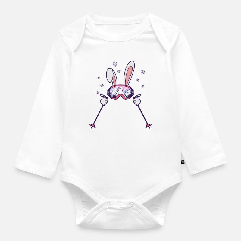 Lapin de ski avec bâtons de ski et lunettes de ski - Body Bébé bio manches longues - blanc