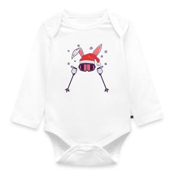 Skiing Santa Rabbit with Santa Hat and ski poles - Organic Longsleeve Baby Bodysuit - white - Front