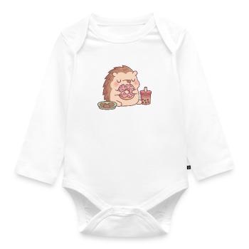Süßer Igel Isst Donut-Kekse Und Boba-Tee - Baby Bio-Langarm-Body - Weiß - Vorne