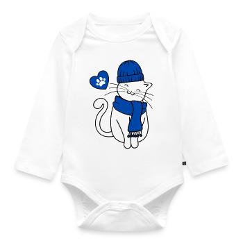 Chat d’hiver avec casquette et écharpe, cœur et patte - Body Bébé bio manches longues - blanc - Devant