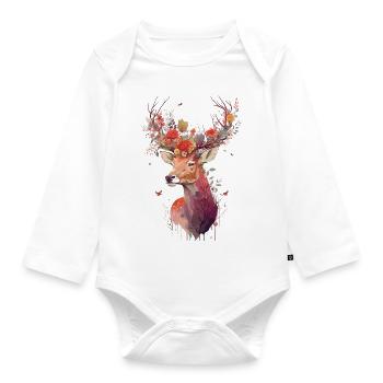Lovely deer with flowers in antlers - Organic Longsleeve Baby Bodysuit - white - Front
