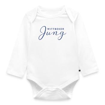 „Wittbeker Jung 2“ dunkelblau - Baby Bio-Langarm-Body - Weiß - Vorne