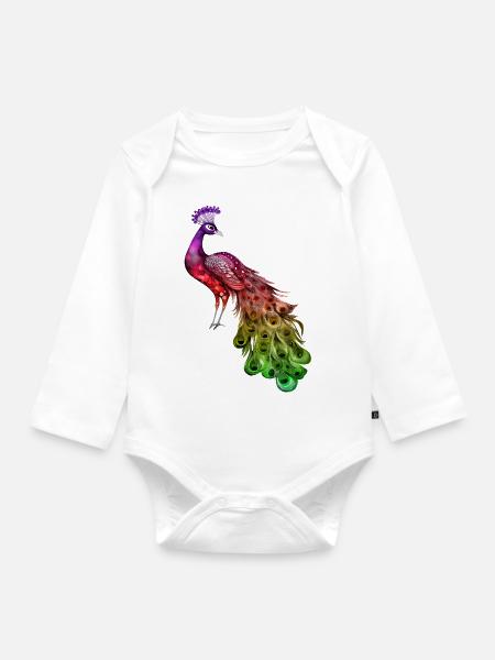 pfauenvogel bunt schöne fantasie bunt - Baby Bio-Langarm-Body - Weiß