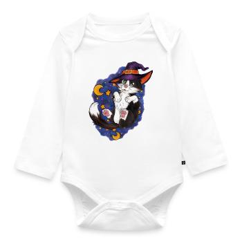 Halloween Katze Magie Magierhut mit Sternen - Baby Bio-Langarm-Body - Weiß - Vorne