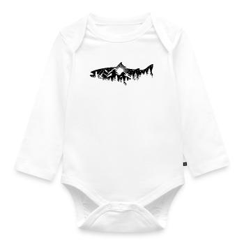 Silhouette trout - angler with landscape - Organic Longsleeve Baby Bodysuit - white - Front
