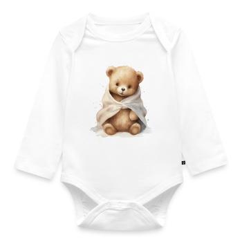Bébé ours avec serviette, peint à la main - Body Bébé bio manches longues - blanc - Devant