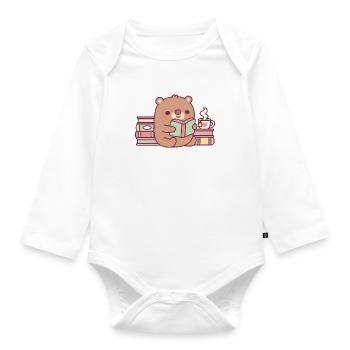 Cute Brown Bear Reading A Book - Organic Longsleeve Baby Bodysuit - white - Front