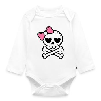 Cute Pink Bow Skull and Crossbones - Organic Longsleeve Baby Bodysuit - white - Front