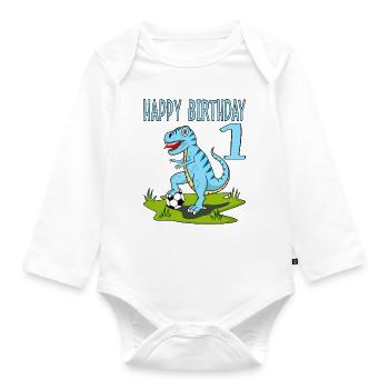 Dinosaurier Rex Fußball 1 Happy Birthday Blau - Baby Bio-Langarm-Body - Weiß - Vorne