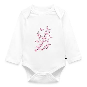 Cherry blossom branch with butterflies - Organic Longsleeve Baby Bodysuit - white - Front
