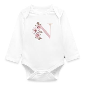 N Buchstabe mit Blumen 3D Effekt - Baby Bio-Langarm-Body - Weiß - Vorne