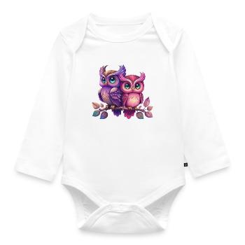 Hiboux colorés Frères et sœurs Animal Oiseau Hibou Aigle Chouette Nuit - Body Bébé bio manches longues - blanc - Devant