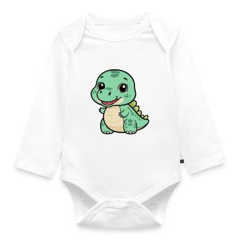 Cute Dino with a Grin - Green - Organic Longsleeve Baby Bodysuit - white - Front