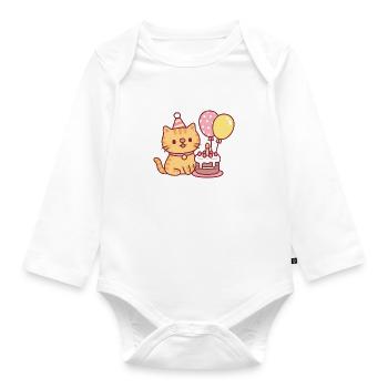 Cute Tabby Cat With Birthday Cake And Balloons - Organic Longsleeve Baby Bodysuit - white - Front