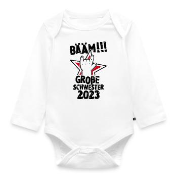 Rock Hand Mädchen Bääm Große Schwester 2023 - Baby Bio-Langarm-Body - Weiß - Vorne