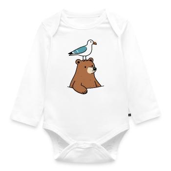 Brown bear with North Sea seagull on head - Organic Longsleeve Baby Bodysuit - white - Front
