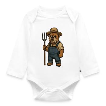 Bauerbulldogge hält Pitchfork Country Cartoon - Baby Bio-Langarm-Body - Weiß - Vorne