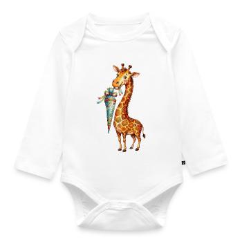 Cute Giraffe Back to School with School Cone - Organic Longsleeve Baby Bodysuit - white - Front