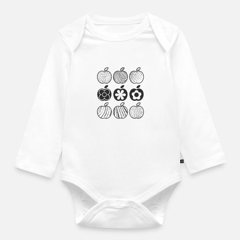 Apple Pattern (Black) - Organic Longsleeve Baby Bodysuit - white