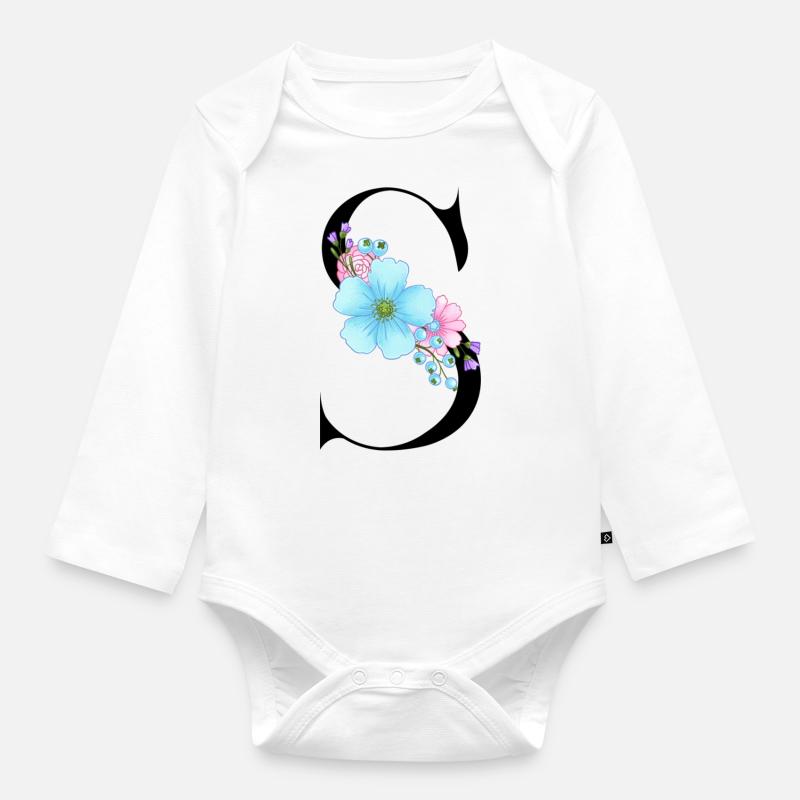 Eleganter Buchstabe 'S' mit Blumen - Baby Bio-Langarm-Body - Weiß