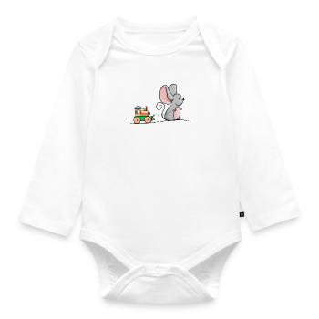 Mouse with wooden locomotive - Organic Longsleeve Baby Bodysuit - white - Front